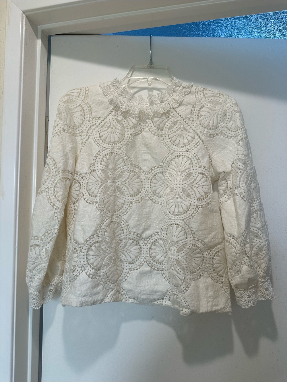 Sézane Bianca Blouse Cream w High Collar & Cuffs in Guipure Size 34